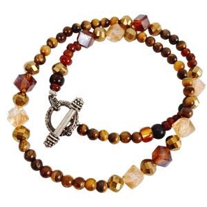 Vintage Tiger Eye Gemstone Necklace Amber Glass Beaded Choker Silver Tone Toggle